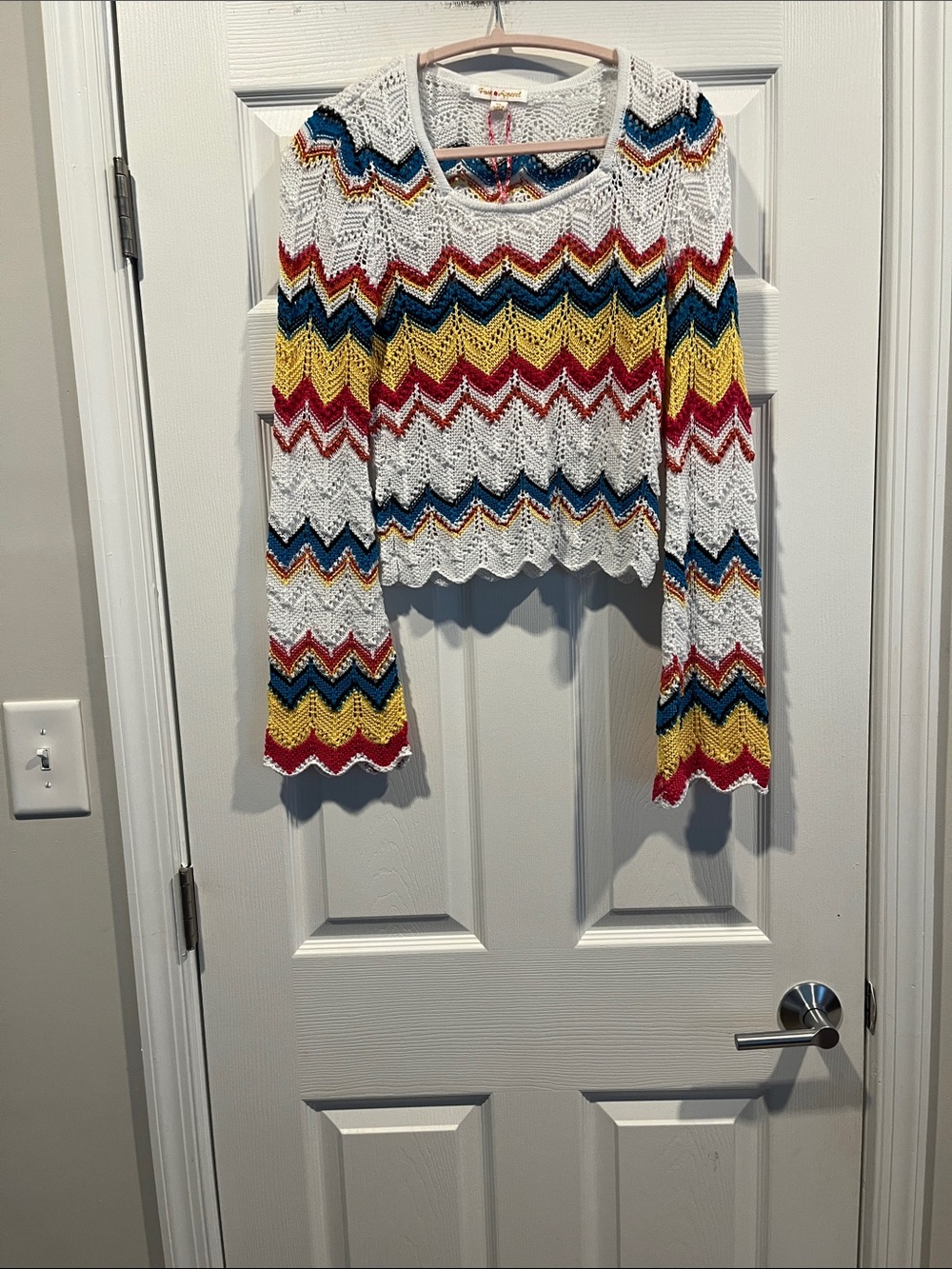Proof of apparel Crochet Chevron Knit 🧶 Top - White with Red, Yellow Size M Boho
